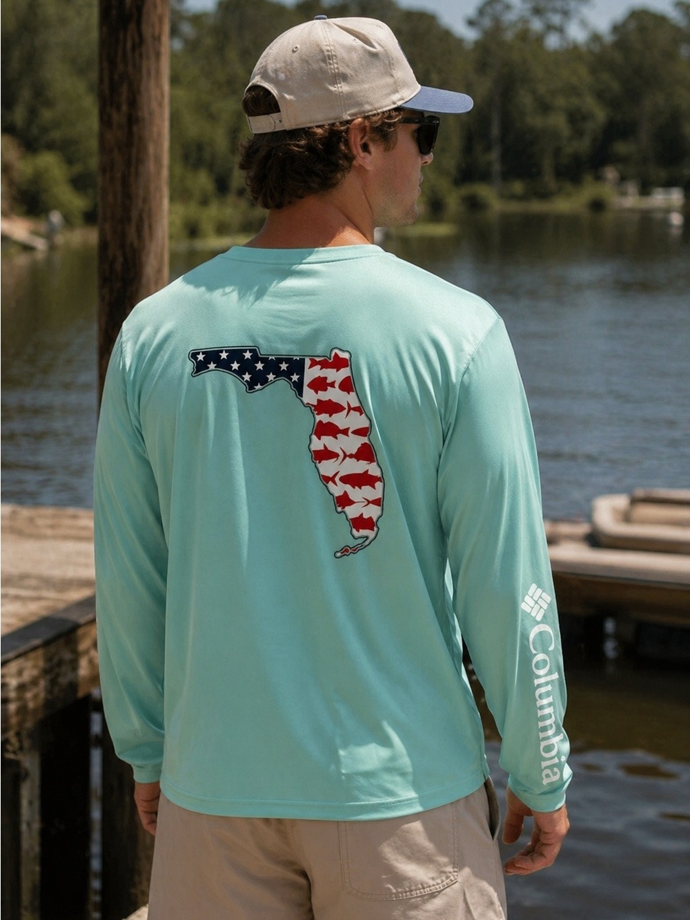 Columbia PFG Fishing Shirt Men’s Medium Long Sleeve Florida‎ American Flag